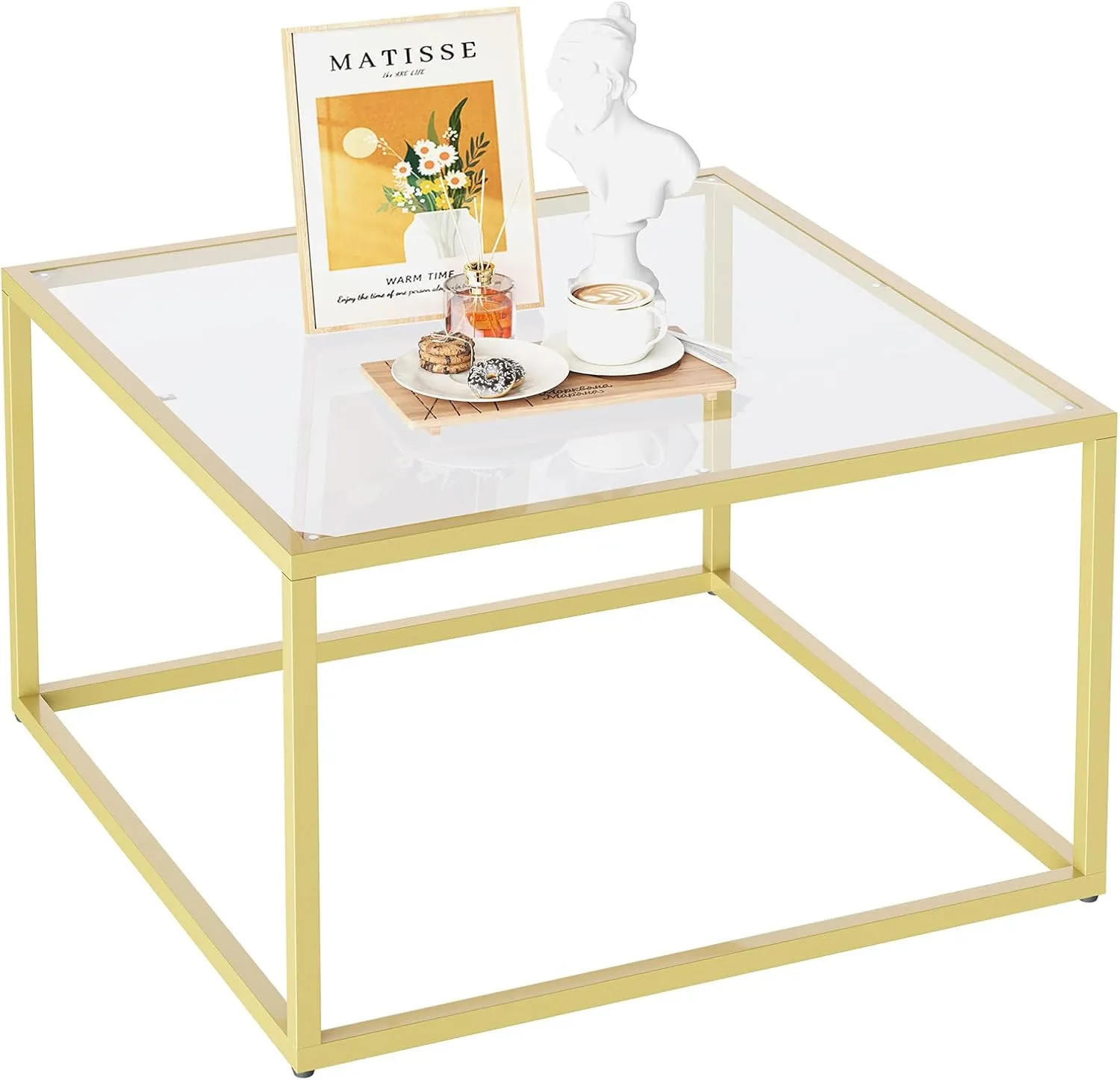YMYNY Glass Coffee Table, Tempered Glass Square Coffee Tables with Metal Frame, Unique Modern Table for Living Room Home Office 26.77" x 26.77" x 15.75", Transparent, UHCT001G