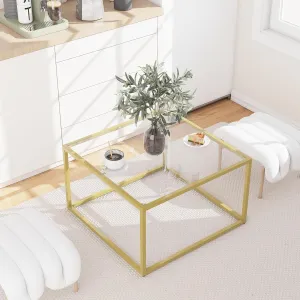 YMYNY Glass Coffee Table, Tempered Glass Square Coffee Tables with Metal Frame, Unique Modern Table for Living Room Home Office 26.77" x 26.77" x 15.75", Transparent, UHCT001G