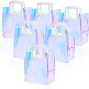 Yolyoo 6pcs Clear Iridescent Reusable Gift Bag Holographic Bag Large Tote Bags Handbag Gift Wrap Bags Pvc with Handle for Party,Christmas,Travel,Wedding, Shopping 11 x 9.8 x 5.1Inches