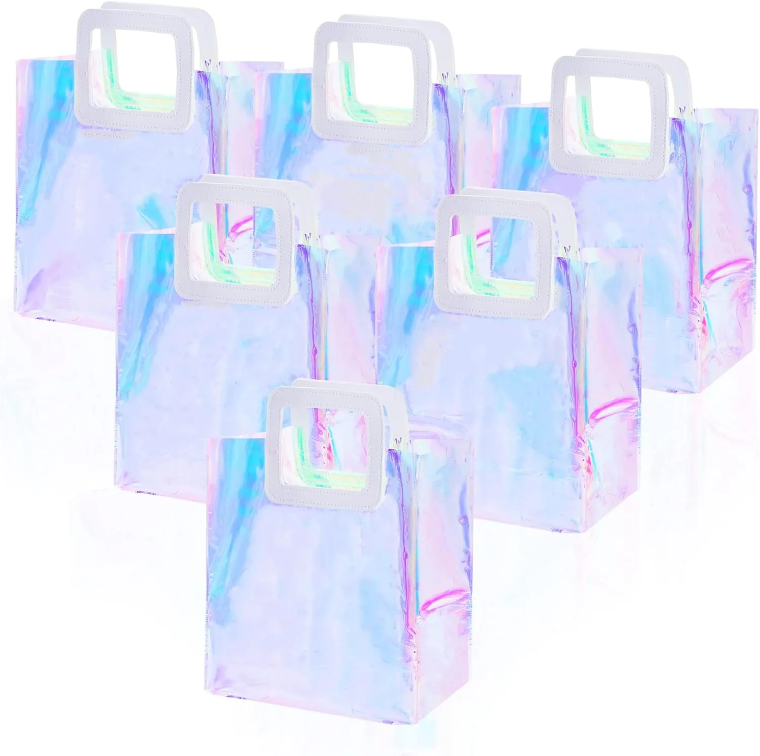 Yolyoo 6pcs Clear Iridescent Reusable Gift Bag Holographic Bag Large Tote Bags Handbag Gift Wrap Bags Pvc with Handle for Party,Christmas,Travel,Wedding, Shopping 11 x 9.8 x 5.1Inches