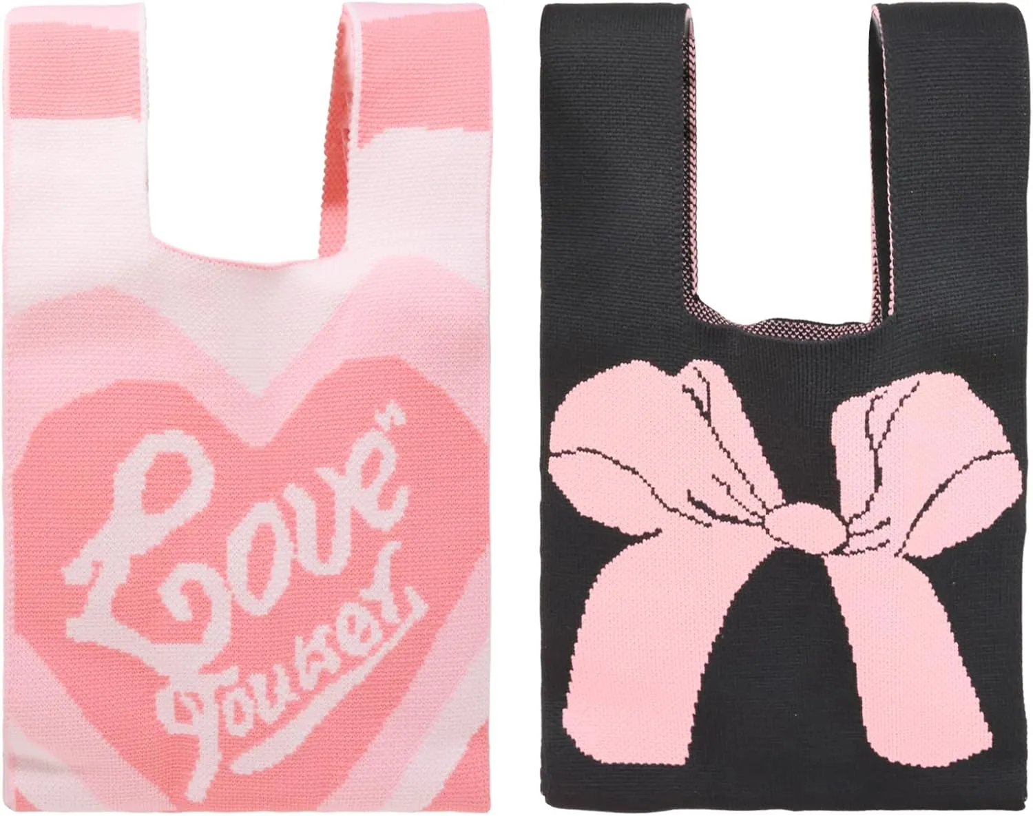 yueton 2 Pack Cute Wristlet Handbag Pink Bow Wrist Bag Adorable Crochet Purse Stylish Mini Tote Bag Black Knit Purse for Women