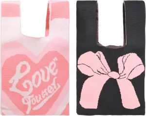 yueton 2 Pack Cute Wristlet Handbag Pink Bow Wrist Bag Adorable Crochet Purse Stylish Mini Tote Bag Black Knit Purse for Women