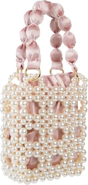 YUSHINY Women Faux Pearl Beaded Pleuche Handle Bag Hollow Evening HandBag with Velvet Lining for Wedding Party