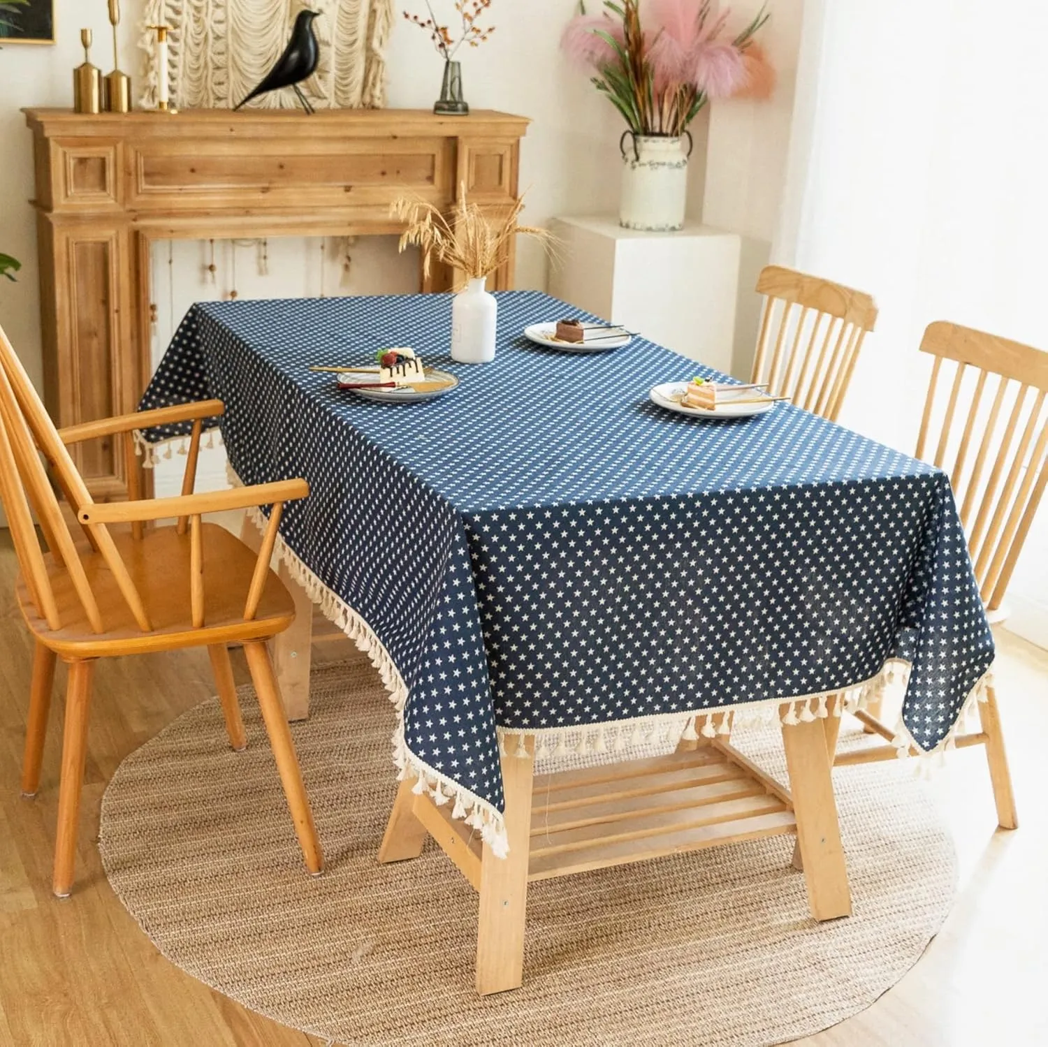 YUURAINVUVU Navy Blue Cute Stars Cotton Linen Fabric, Stitching Tassel Rectangle Tablecloth for Kitchen | Dining | Tabletop | Decoration | Tea Party | Weddings | Farmhouse (55x70 Inches)