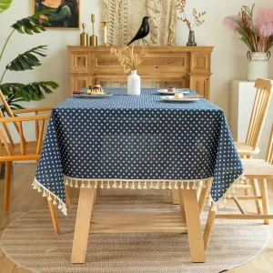 YUURAINVUVU Navy Blue Cute Stars Cotton Linen Fabric, Stitching Tassel Rectangle Tablecloth for Kitchen | Dining | Tabletop | Decoration | Tea Party | Weddings | Farmhouse (55x70 Inches)