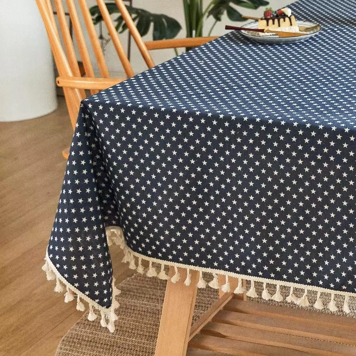 YUURAINVUVU Navy Blue Cute Stars Cotton Linen Fabric, Stitching Tassel Rectangle Tablecloth for Kitchen | Dining | Tabletop | Decoration | Tea Party | Weddings | Farmhouse (55x70 Inches)