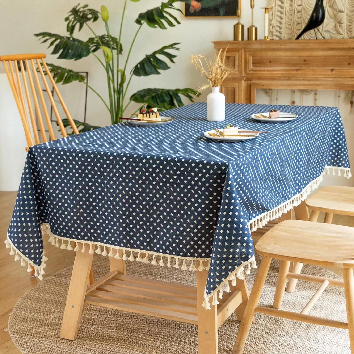 YUURAINVUVU Navy Blue Cute Stars Cotton Linen Fabric, Stitching Tassel Rectangle Tablecloth for Kitchen | Dining | Tabletop | Decoration | Tea Party | Weddings | Farmhouse (55x70 Inches)