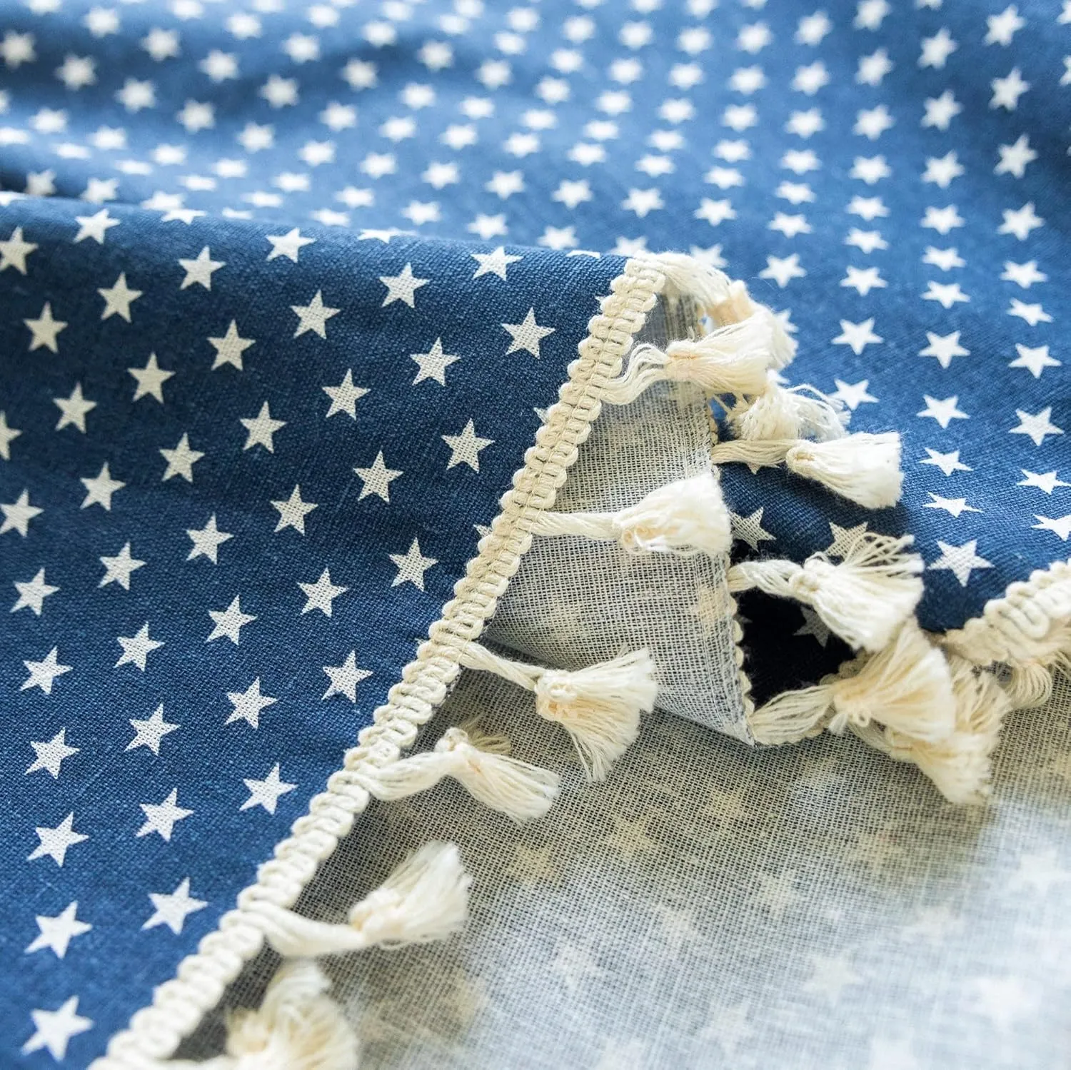 YUURAINVUVU Navy Blue Cute Stars Cotton Linen Fabric, Stitching Tassel Rectangle Tablecloth for Kitchen | Dining | Tabletop | Decoration | Tea Party | Weddings | Farmhouse (55x70 Inches)