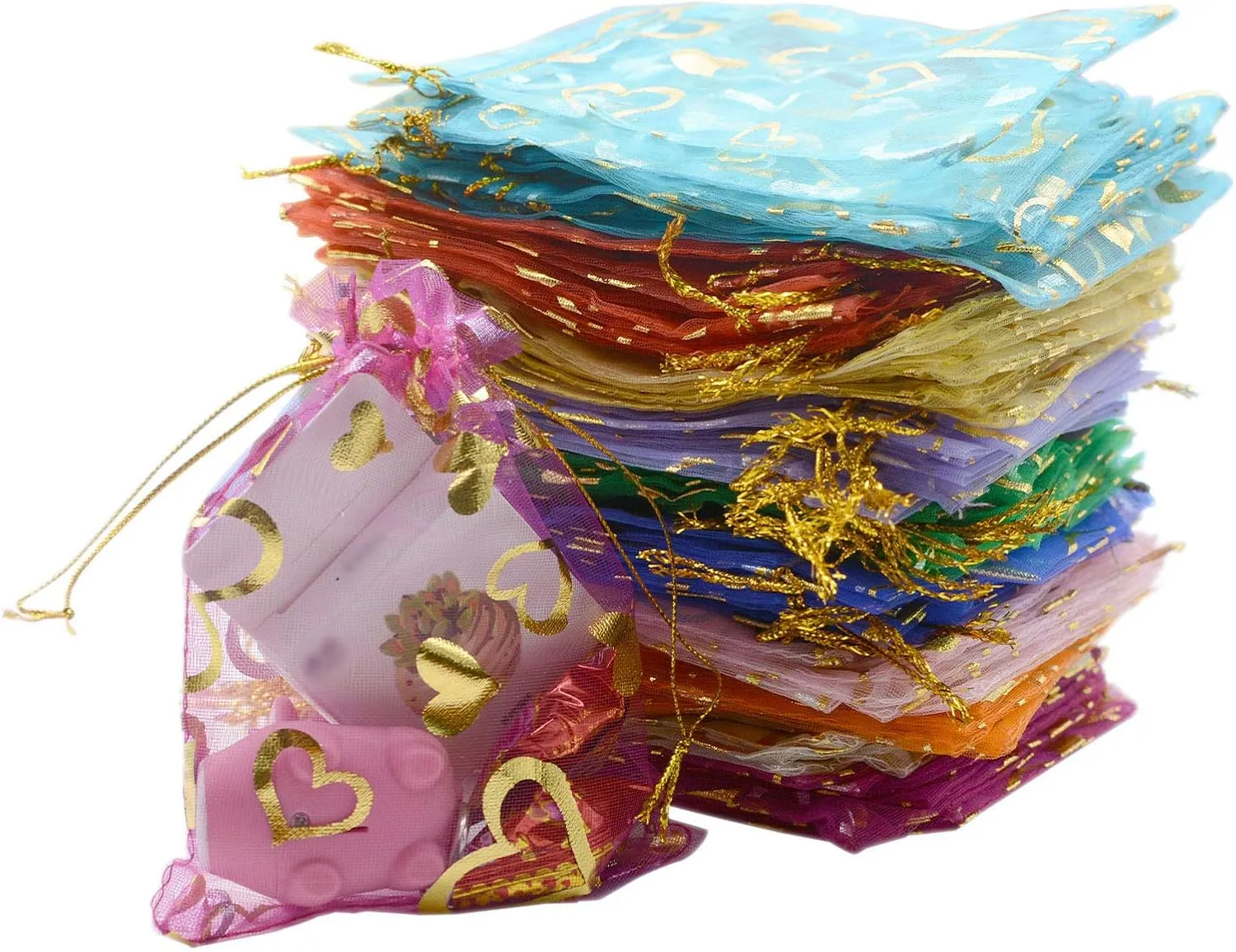 YYaaloa 100PCS Mini Sheer Heart Mixed Organza Bags, 7X9 cm/2.7X3.5 inches Drawstring Chic Gift Beauty & Wedding Favor Bags (Mixed, 2.7x3.5 inch)