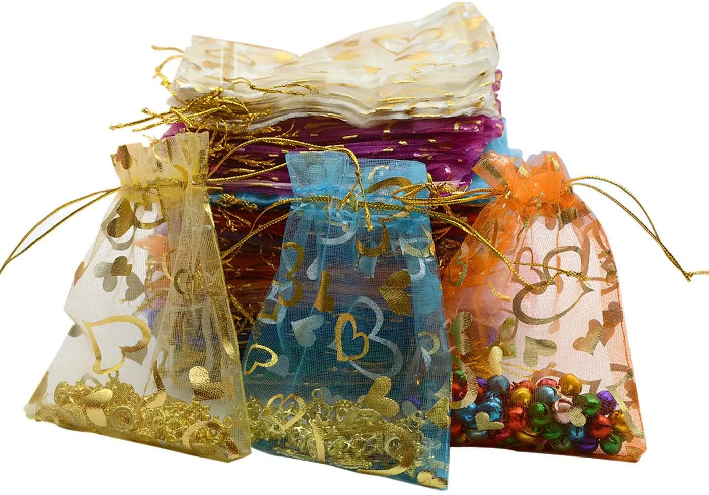 YYaaloa 100PCS Mini Sheer Heart Mixed Organza Bags, 7X9 cm/2.7X3.5 inches Drawstring Chic Gift Beauty & Wedding Favor Bags (Mixed, 2.7x3.5 inch)