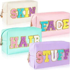 ZAUGONTW 4Pcs Large Cosmetic Bag Preppy Makeup Bag Chenille Letter, PU Leather Waterproof Travel Organizer Bag Hair Bag with Nylon Zipper Patches Makeup Organizer Bag Set for Women Girls