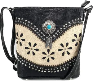 Zelris Floral Western Pu Tooled Leather Turquoise Concho Feathers Women Concealed Carry Crossbody Messenger Bag