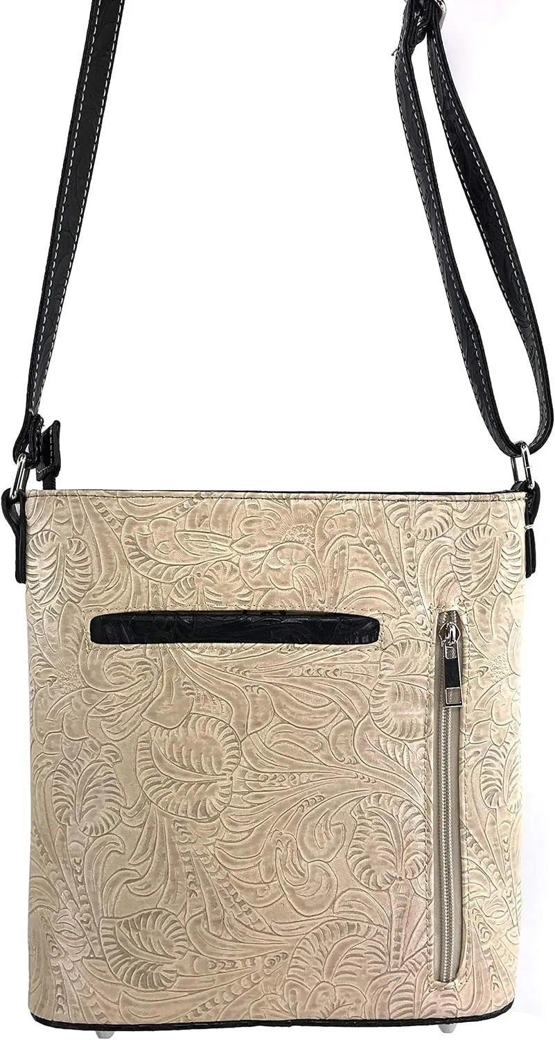 Zelris Floral Western Pu Tooled Leather Turquoise Concho Feathers Women Concealed Carry Crossbody Messenger Bag