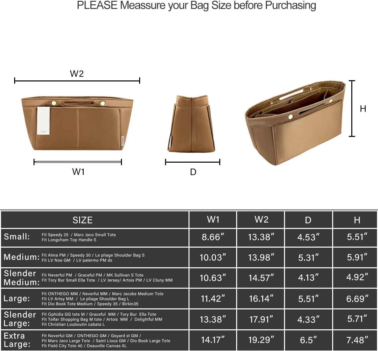 ZTUJO Purse Organizer Insert For Handbag & Tote Shaper,Tote Bag Organizer Insert For Speedy Neverful, 6 Sizes(Medium, Silky Brown)