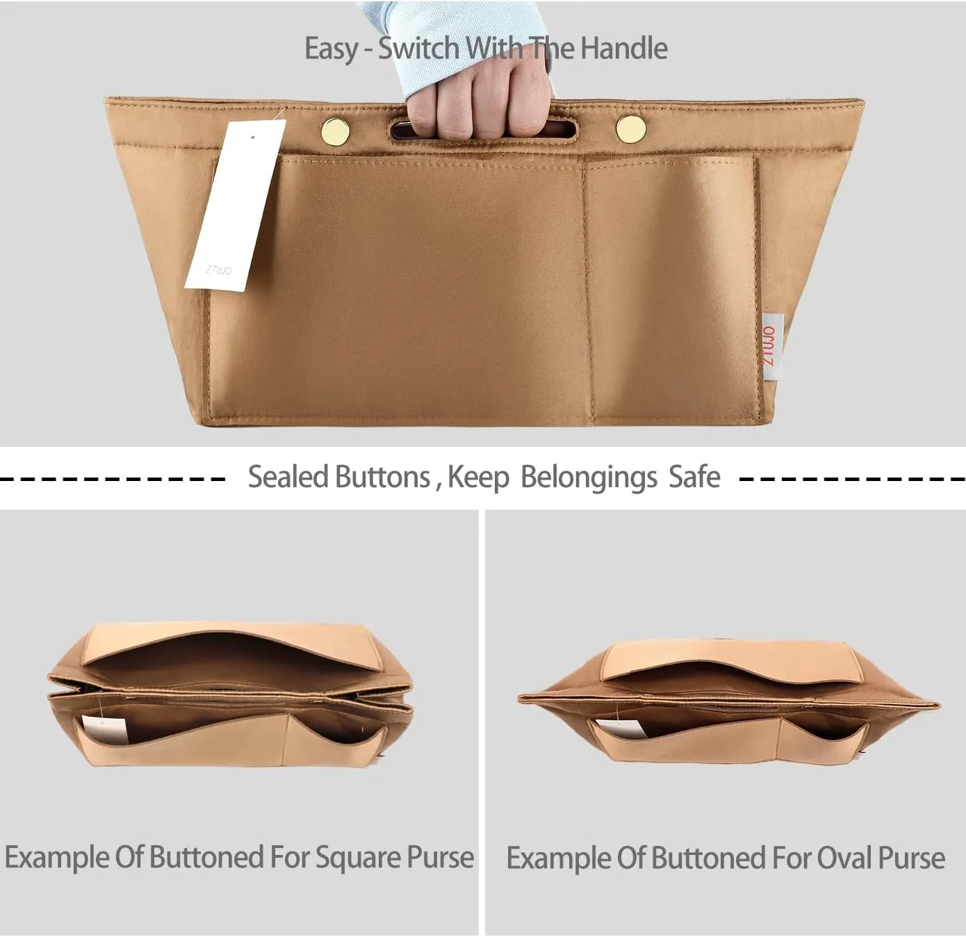ZTUJO Purse Organizer Insert For Handbags, Silky Bag Organizer With 2 Zippers For Speedy Neverful Tote and More (Brown, Small)