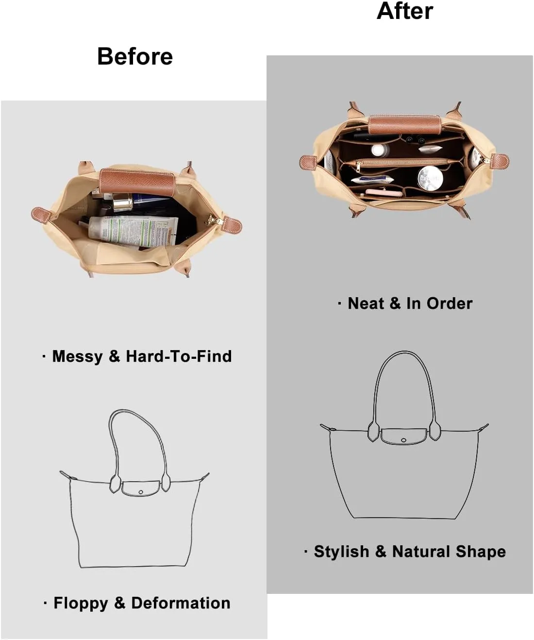 ZTUJO Purse Organizer Insert For Handbags, Silky Bag Organizer With 2 Zippers For Speedy Neverful Tote and More (Brown, Small)