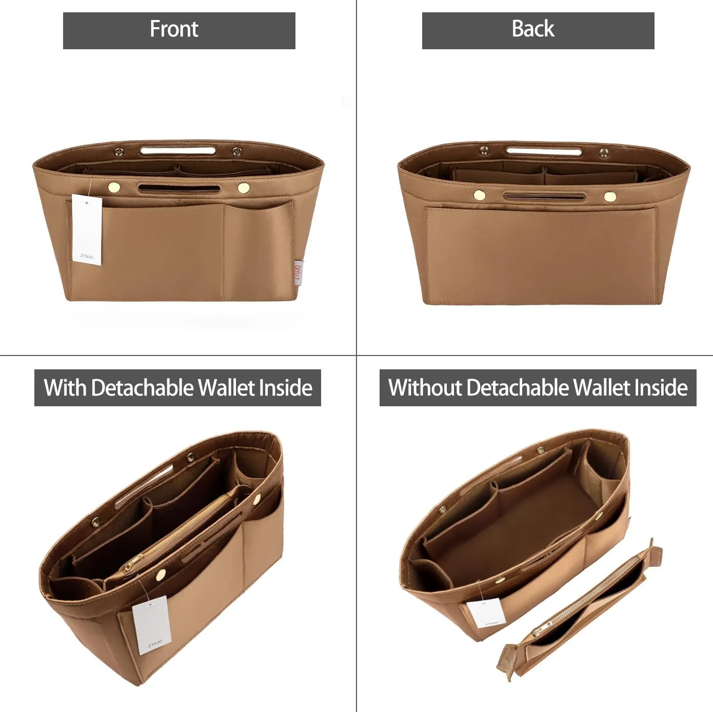 ZTUJO Purse Organizer Insert For Handbags, Silky Bag Organizer With 2 Zippers For Speedy Neverful Tote and More (Brown, Small)
