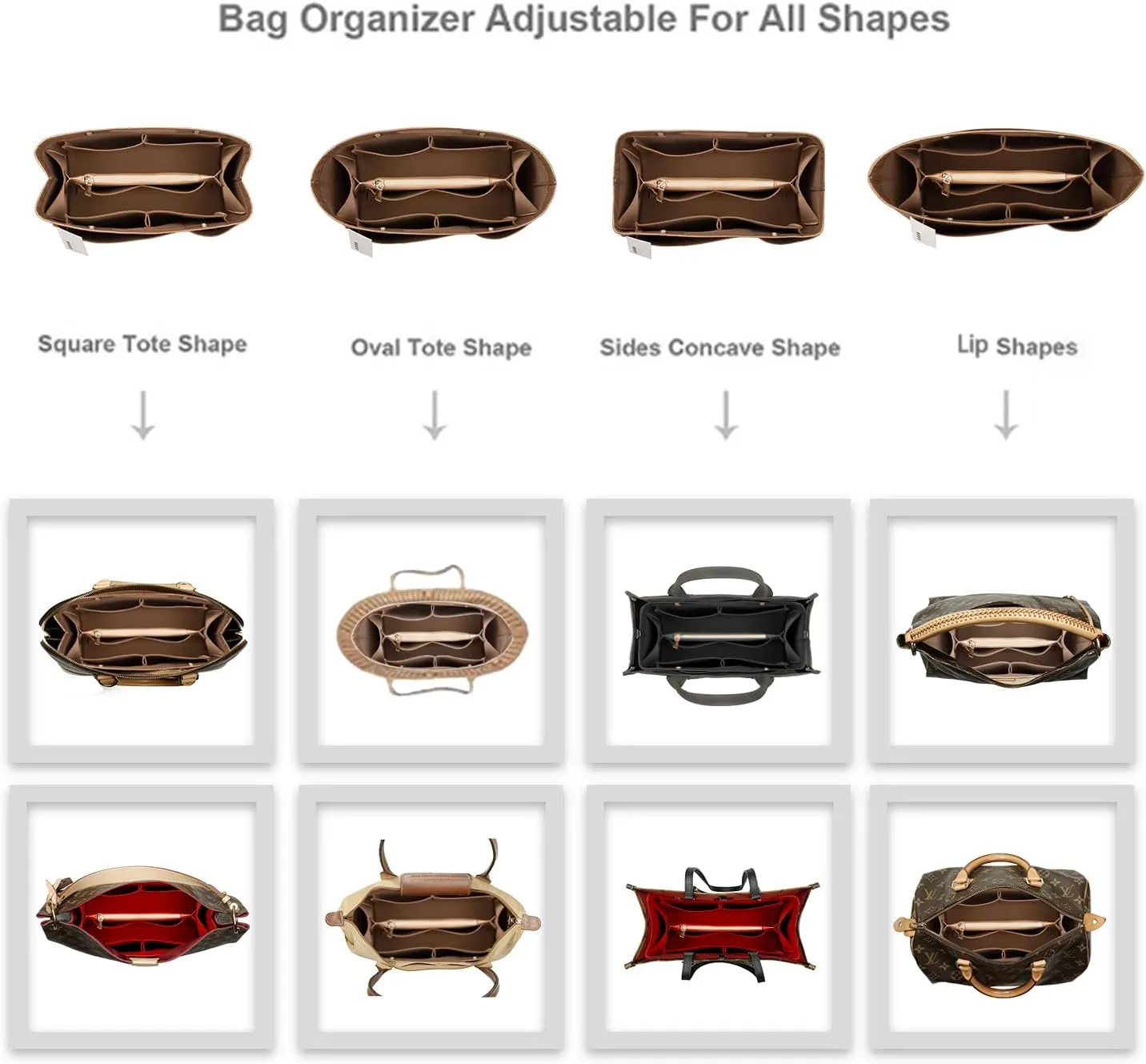 ZTUJO Purse Organizer Insert For Handbags, Silky Bag Organizer With 2 Zippers For Speedy Neverful Tote and More (Brown, Small)