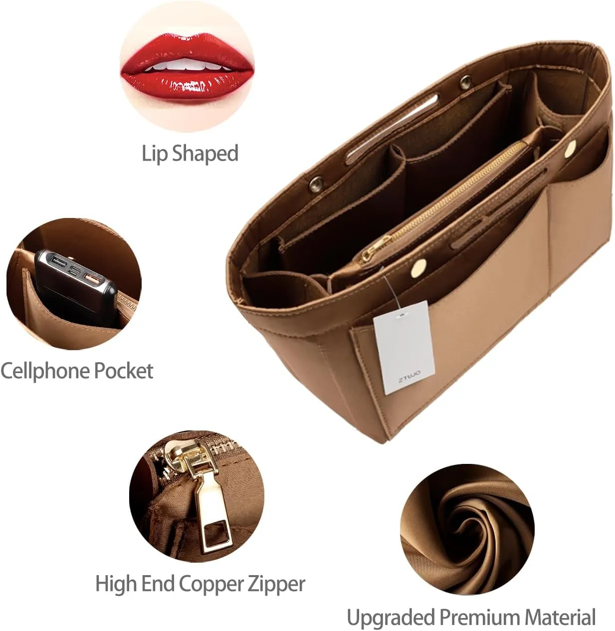 ZTUJO Purse Organizer Insert For Handbags, Silky Bag Organizer With 2 Zippers For Speedy Neverful Tote and More (Brown, X-Small)