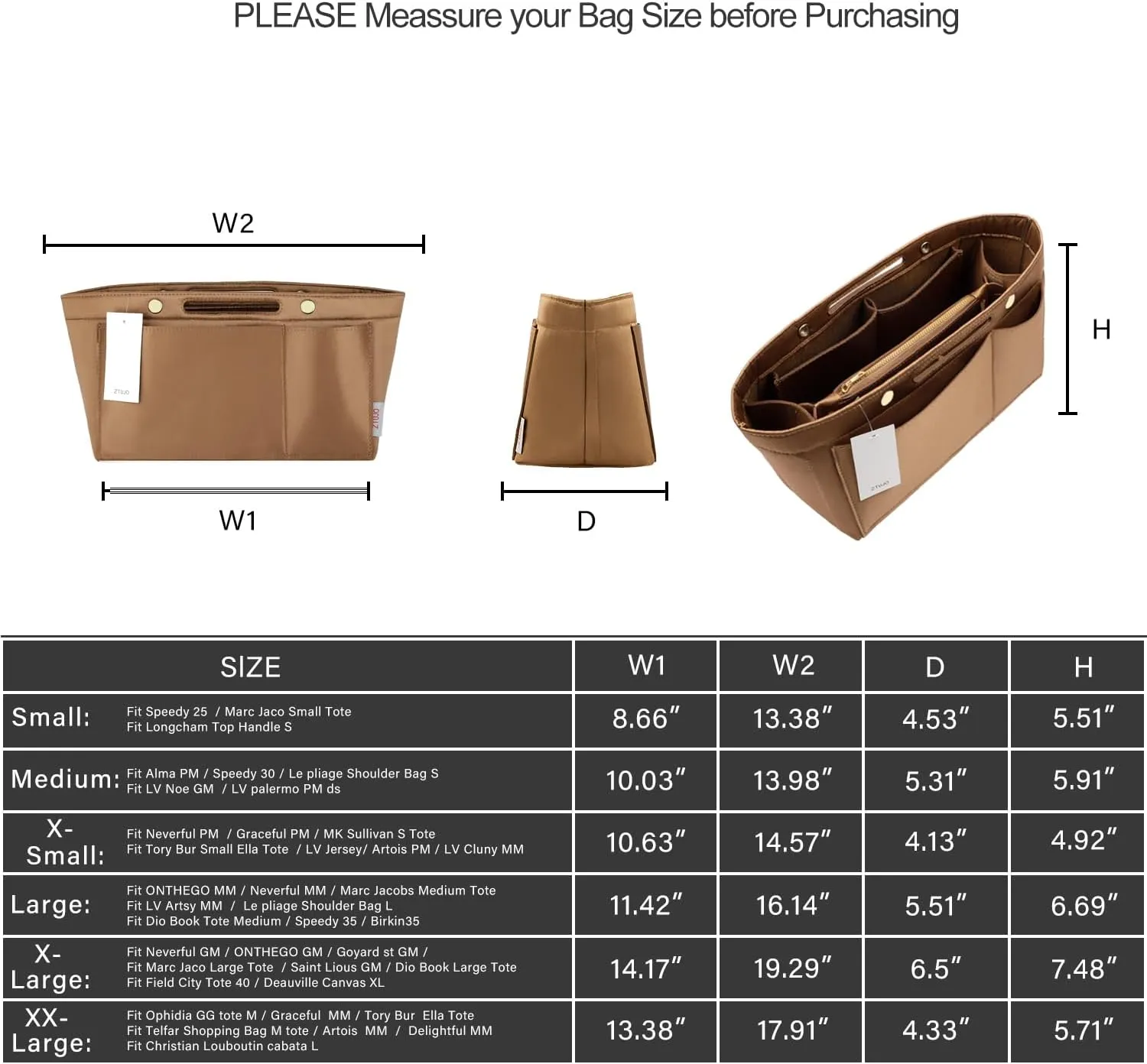 ZTUJO Purse Organizer Insert For Handbags, Silky Bag Organizer With 2 Zippers For Speedy Neverful Tote and More (Brown, X-Small)